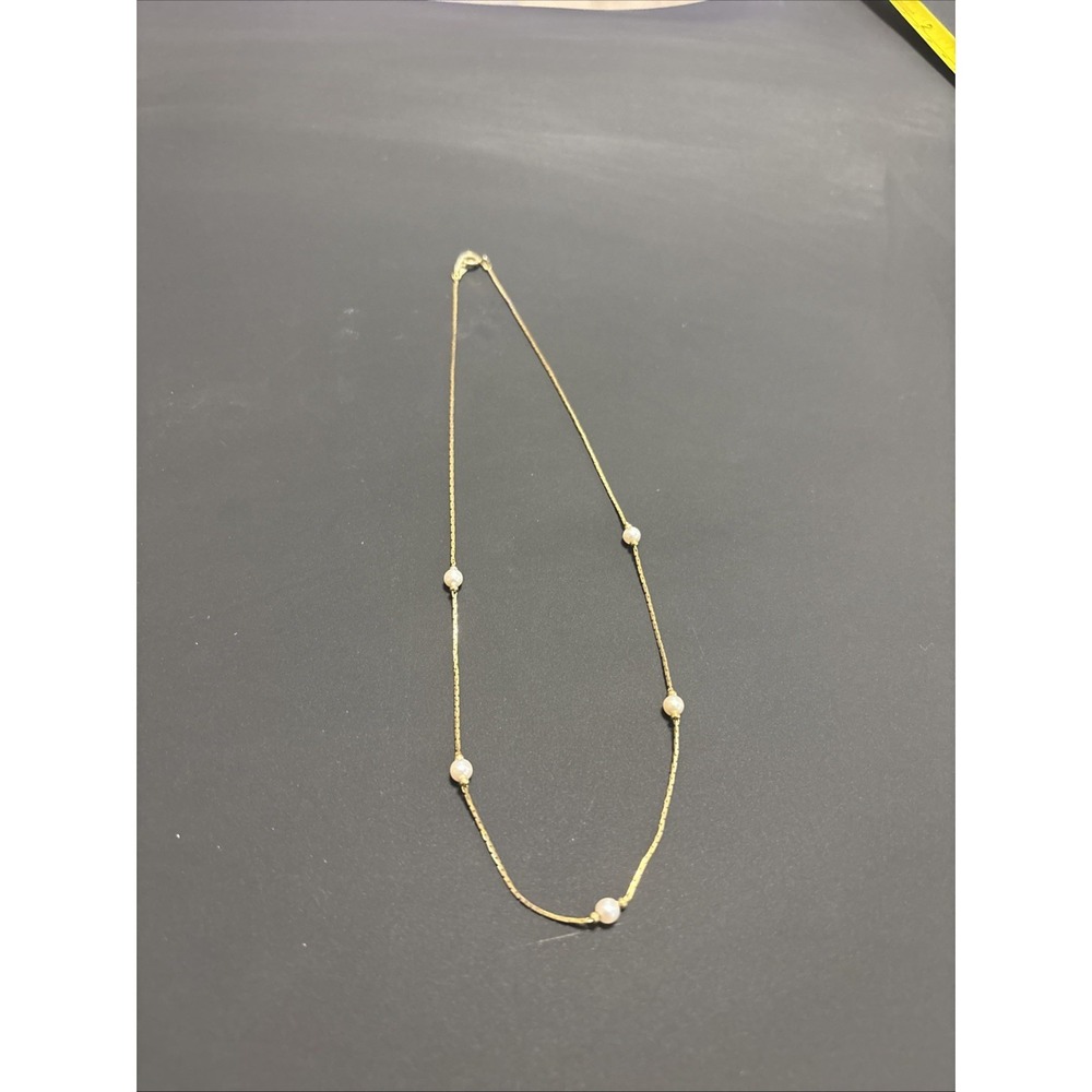 Gold Tone Pearl Station Necklace - 16" Minimalist 5-Pearl Floating Chain